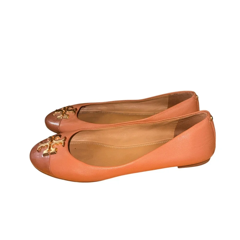 Tory Burch EVERLY Ballet Flats Women 6 Pre-Owned Tan Leather Gold Logo Reva Shoe